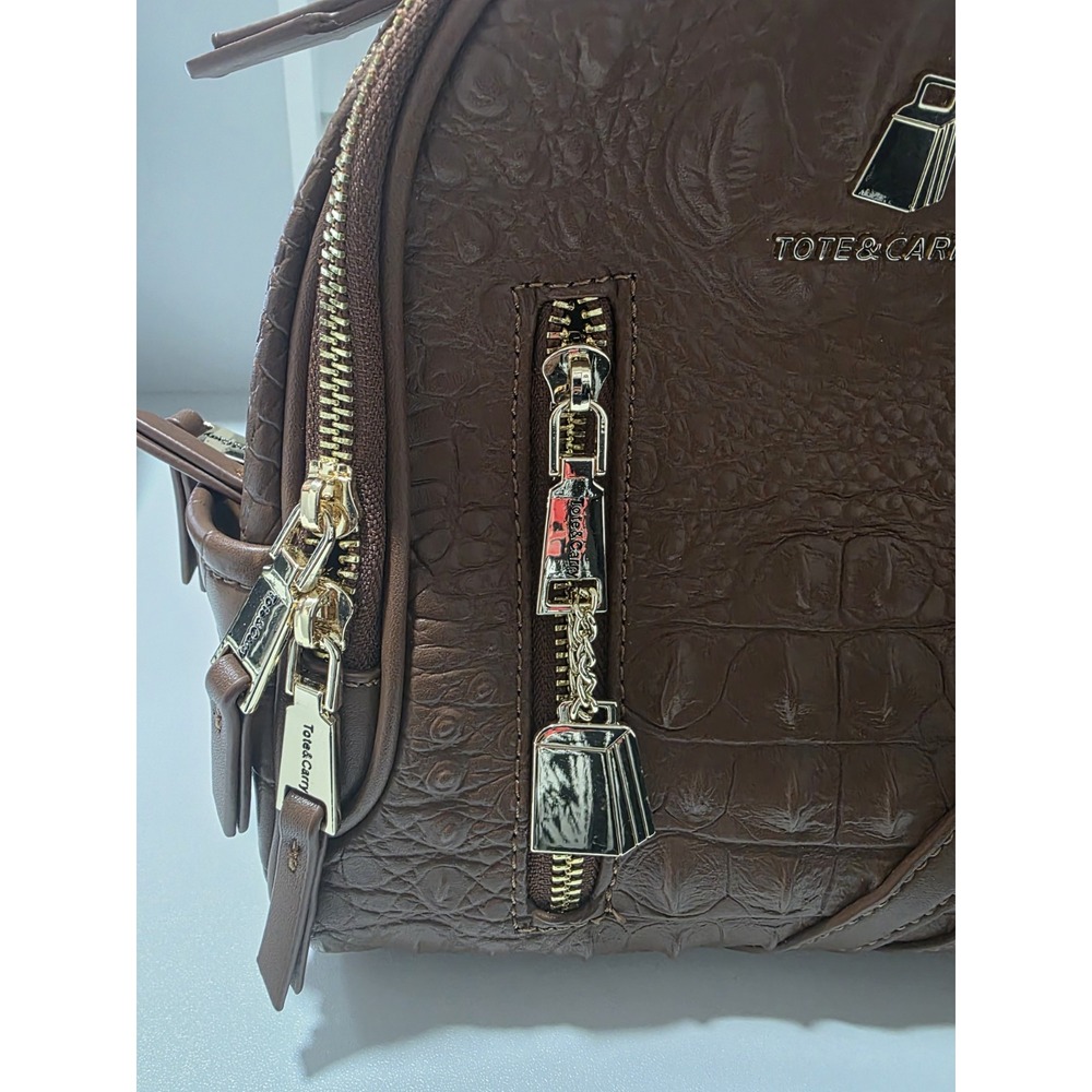 Tote & Carry Caramel Brown Croc Embossed Mini Backpack Purse Gold‎ Hardware NWT - Picture 7 of 14
